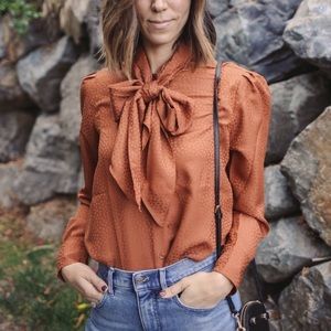Orange dot tie neck blouse